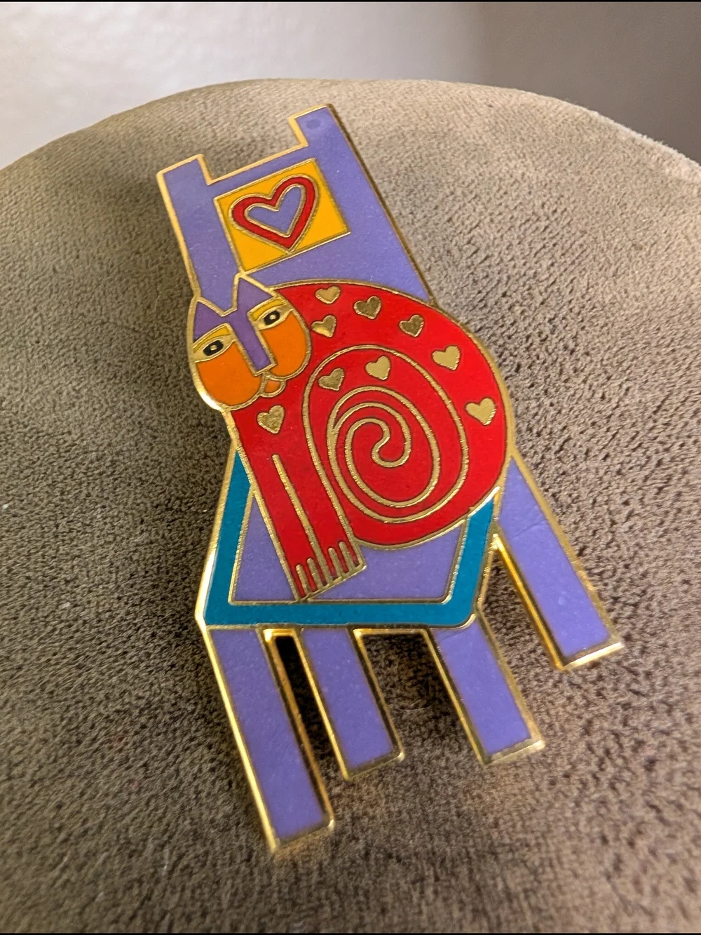Vintage Laurel Burch Signed Colorful Cat on Chair Enamel Pin Brooch Folk Art